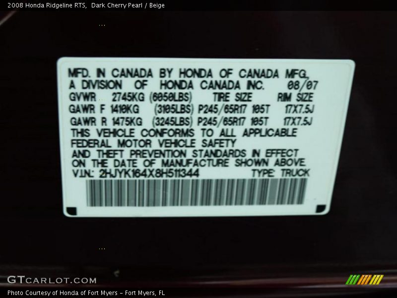 Dark Cherry Pearl / Beige 2008 Honda Ridgeline RTS