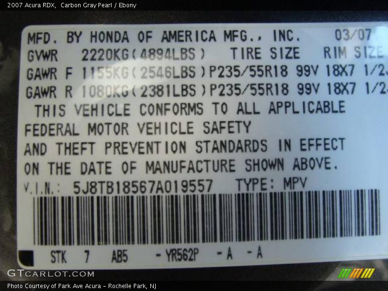 Carbon Gray Pearl / Ebony 2007 Acura RDX