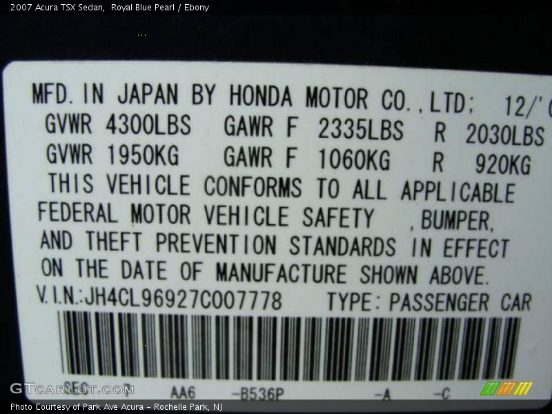 Royal Blue Pearl / Ebony 2007 Acura TSX Sedan