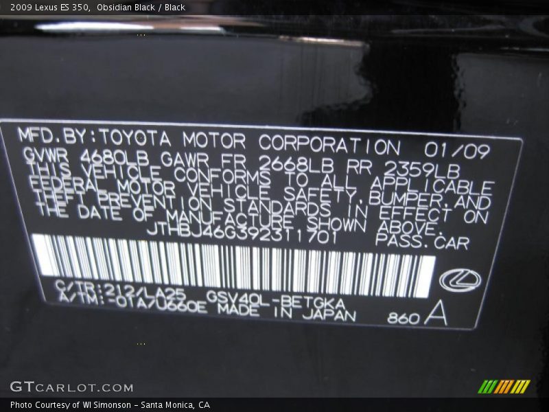 Obsidian Black / Black 2009 Lexus ES 350