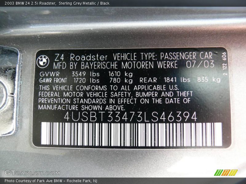 Sterling Grey Metallic / Black 2003 BMW Z4 2.5i Roadster