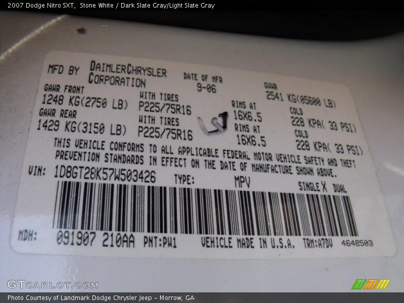 2007 Nitro SXT Stone White Color Code PW1