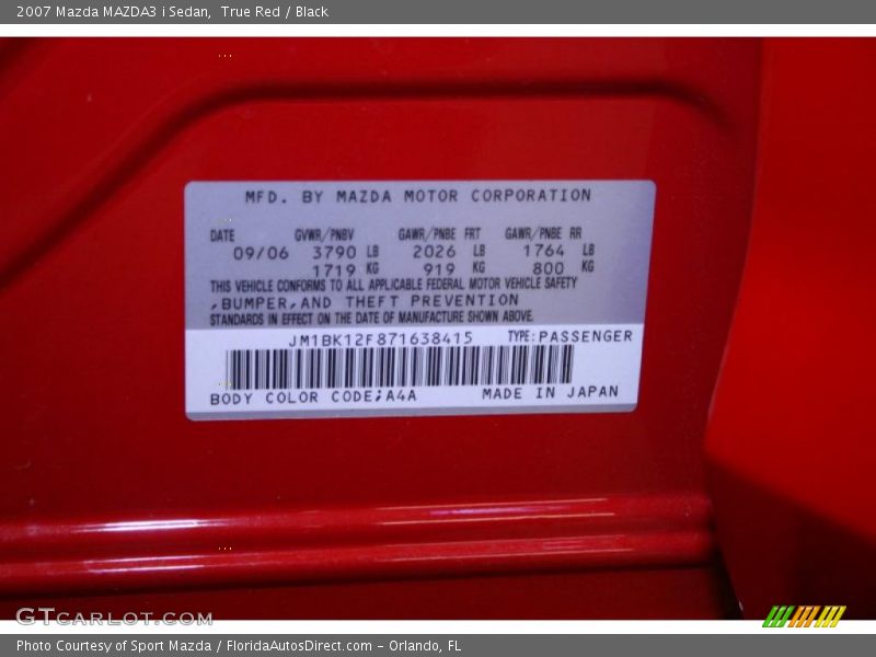 True Red / Black 2007 Mazda MAZDA3 i Sedan