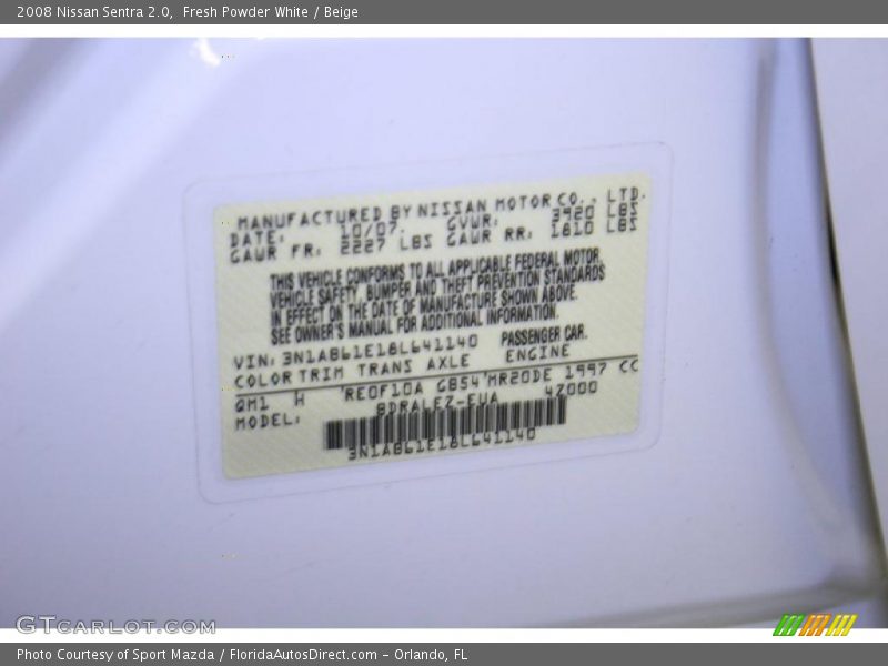 Fresh Powder White / Beige 2008 Nissan Sentra 2.0