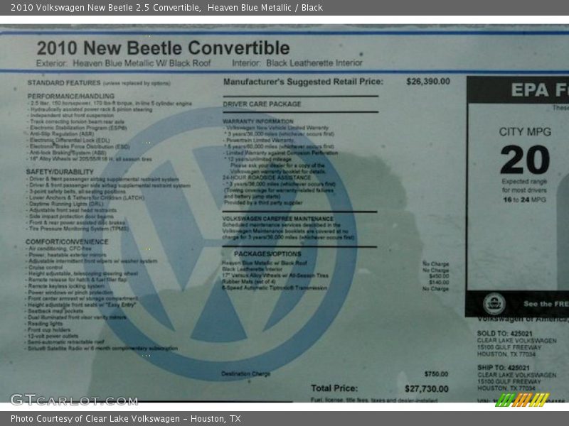 Heaven Blue Metallic / Black 2010 Volkswagen New Beetle 2.5 Convertible