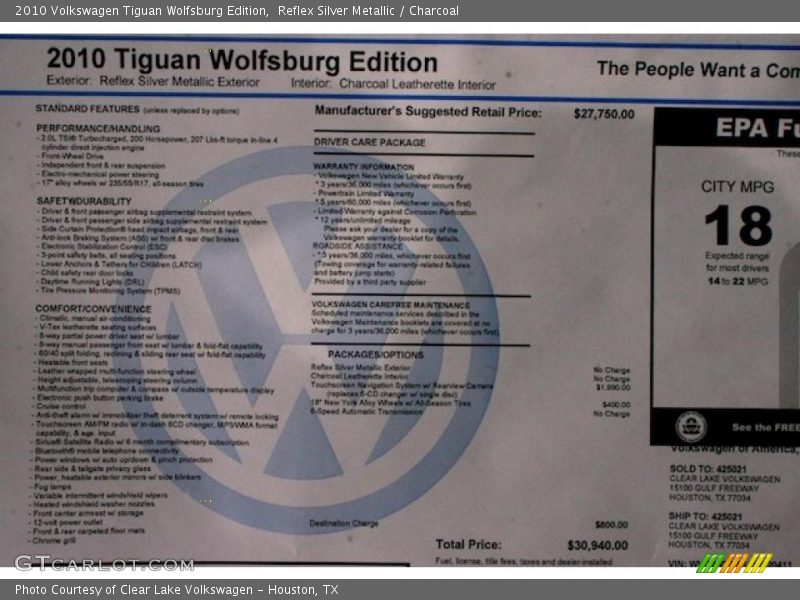 Reflex Silver Metallic / Charcoal 2010 Volkswagen Tiguan Wolfsburg Edition