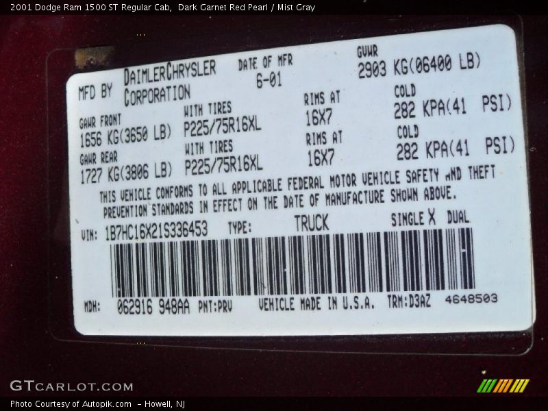 Dark Garnet Red Pearl / Mist Gray 2001 Dodge Ram 1500 ST Regular Cab