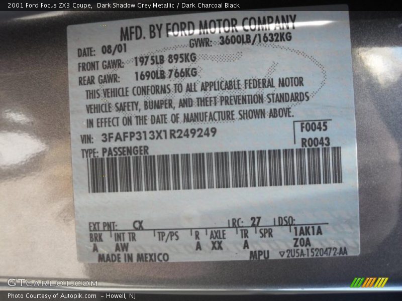 Dark Shadow Grey Metallic / Dark Charcoal Black 2001 Ford Focus ZX3 Coupe