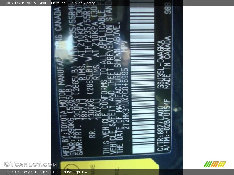 Neptune Blue Mica / Ivory 2007 Lexus RX 350 AWD