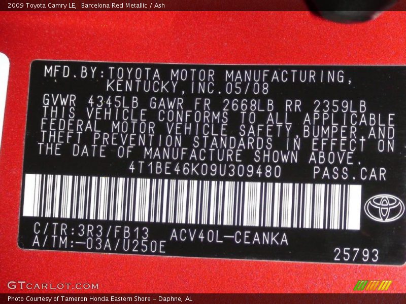 Barcelona Red Metallic / Ash 2009 Toyota Camry LE