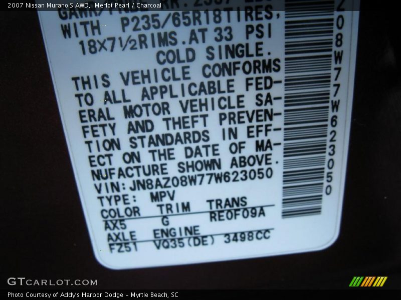 Merlot Pearl / Charcoal 2007 Nissan Murano S AWD