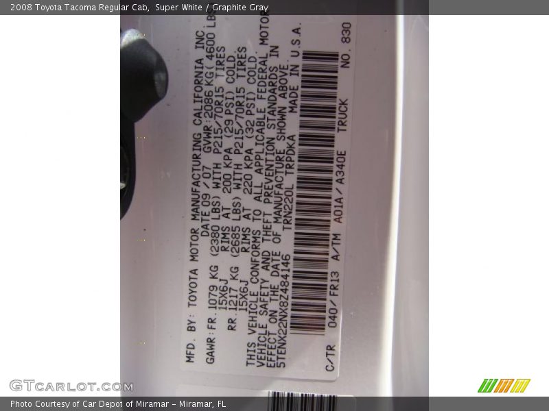 Super White / Graphite Gray 2008 Toyota Tacoma Regular Cab