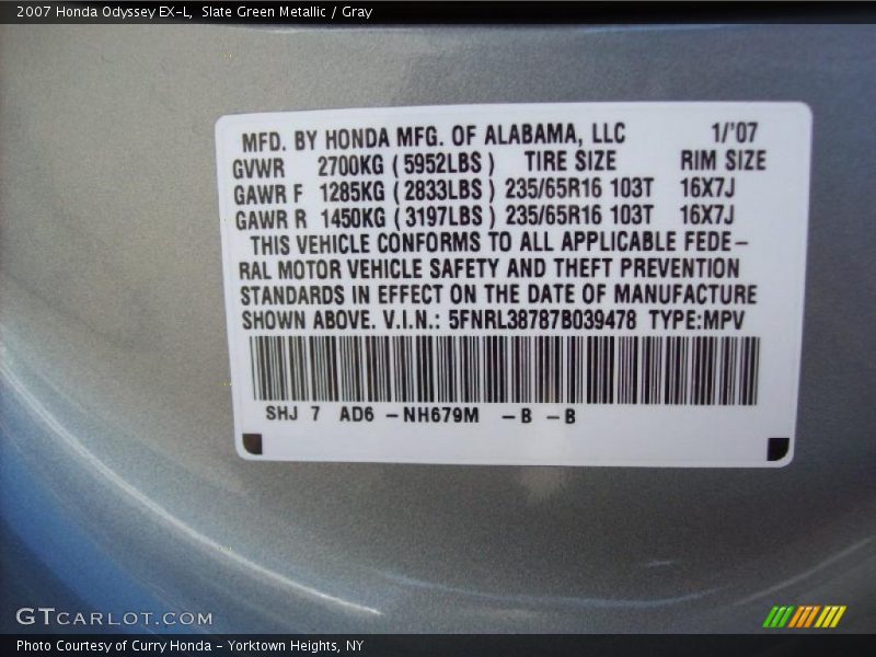 Slate Green Metallic / Gray 2007 Honda Odyssey EX-L