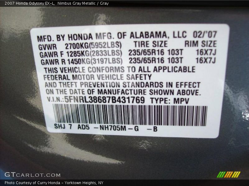 Nimbus Gray Metallic / Gray 2007 Honda Odyssey EX-L
