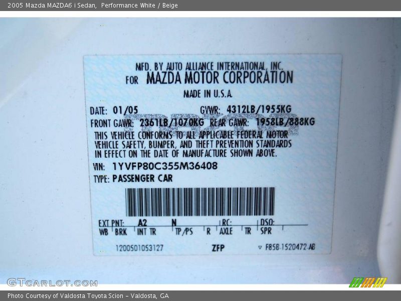Performance White / Beige 2005 Mazda MAZDA6 i Sedan