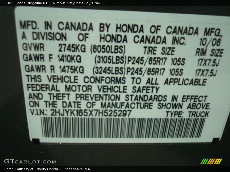 Nimbus Grey Metallic / Gray 2007 Honda Ridgeline RTL