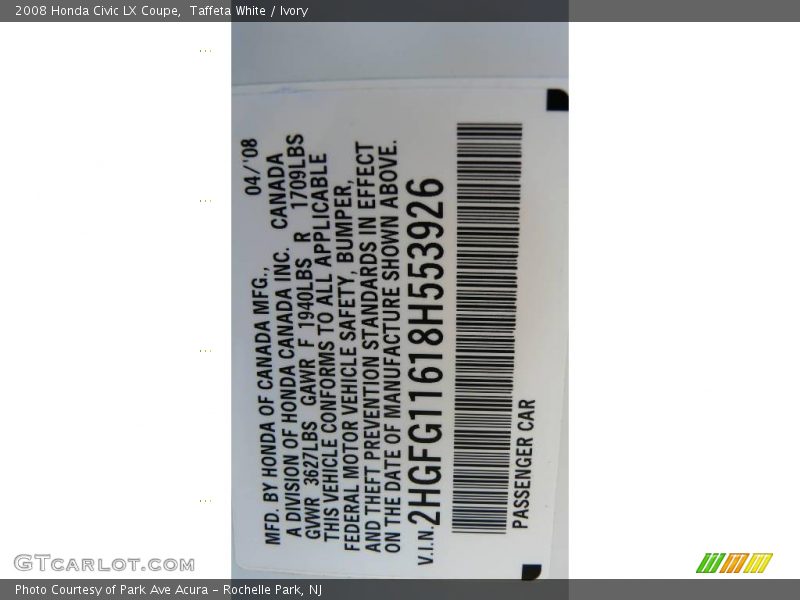 Taffeta White / Ivory 2008 Honda Civic LX Coupe