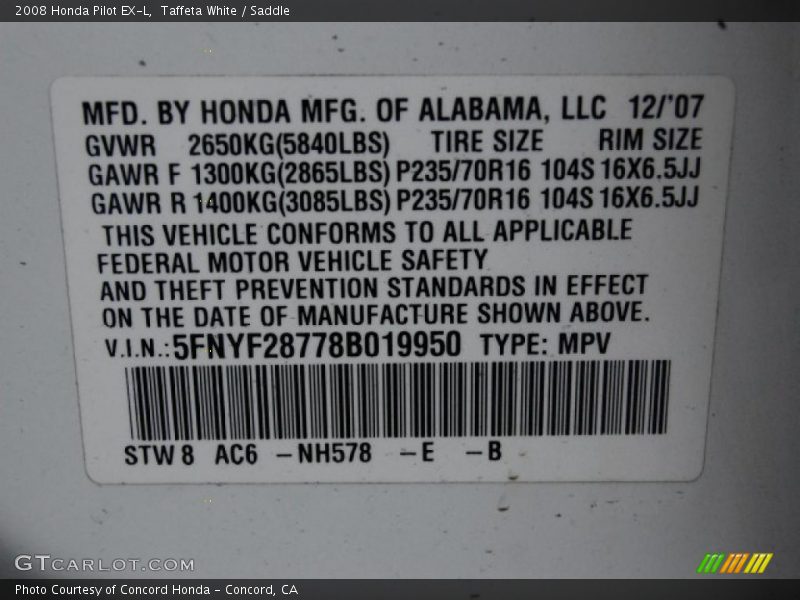 Taffeta White / Saddle 2008 Honda Pilot EX-L