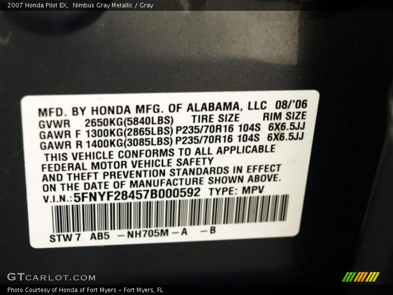 Nimbus Gray Metallic / Gray 2007 Honda Pilot EX