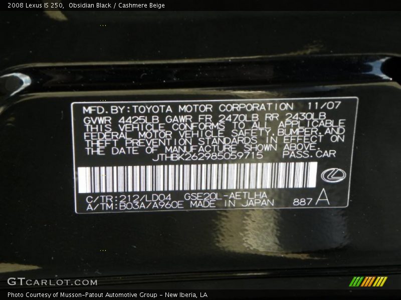 Obsidian Black / Cashmere Beige 2008 Lexus IS 250