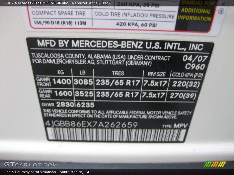 Alabaster White / Black 2007 Mercedes-Benz ML 350 4Matic