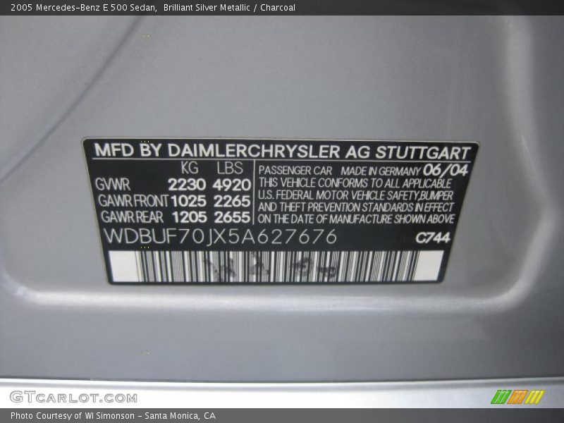 Brilliant Silver Metallic / Charcoal 2005 Mercedes-Benz E 500 Sedan