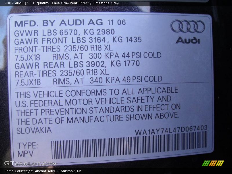 Lava Gray Pearl Effect / Limestone Grey 2007 Audi Q7 3.6 quattro