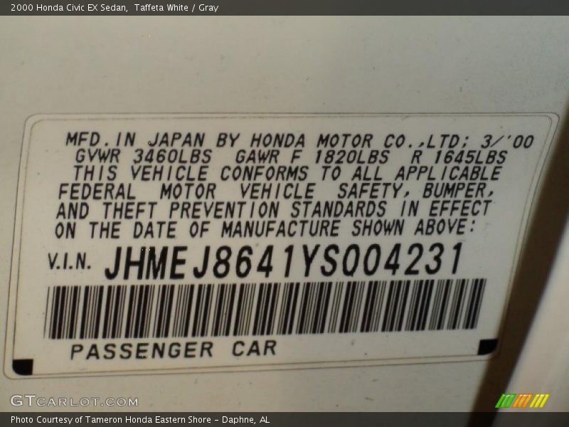 Taffeta White / Gray 2000 Honda Civic EX Sedan