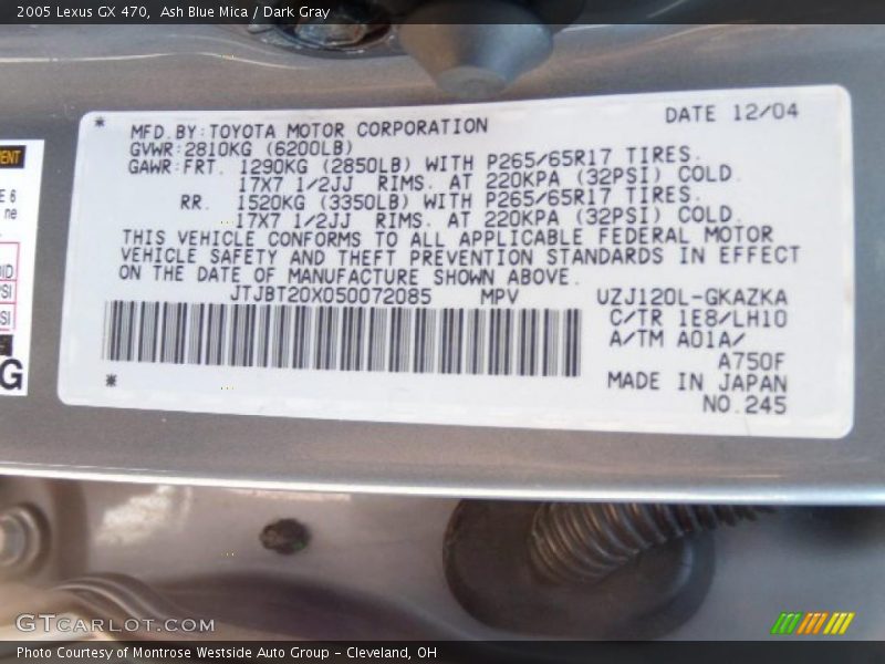 Ash Blue Mica / Dark Gray 2005 Lexus GX 470