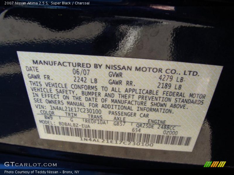 Super Black / Charcoal 2007 Nissan Altima 2.5 S