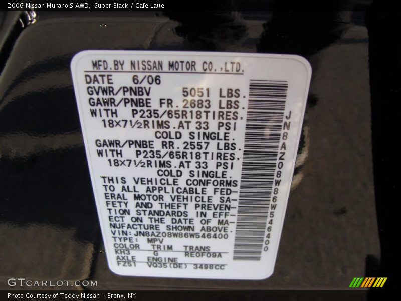 Super Black / Cafe Latte 2006 Nissan Murano S AWD