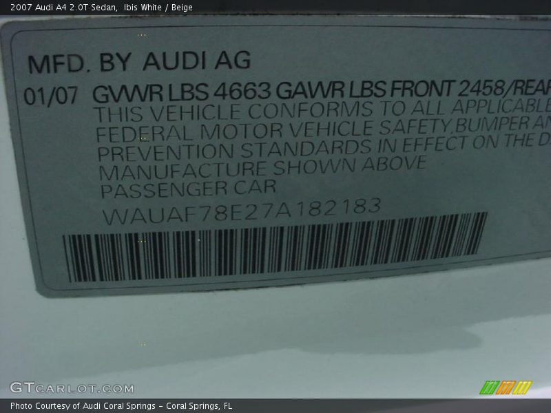 Ibis White / Beige 2007 Audi A4 2.0T Sedan