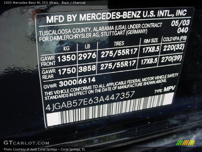 Black / Charcoal 2003 Mercedes-Benz ML 350 4Matic