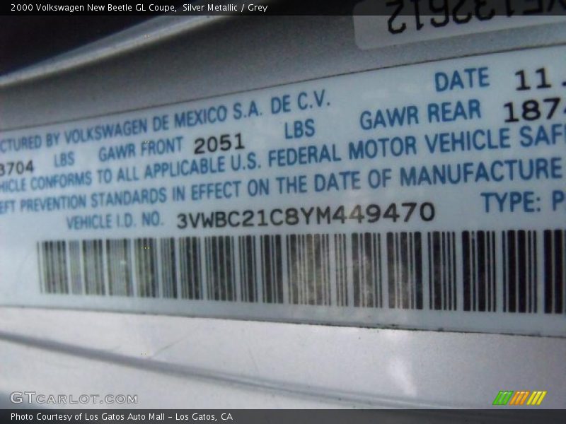 Silver Metallic / Grey 2000 Volkswagen New Beetle GL Coupe