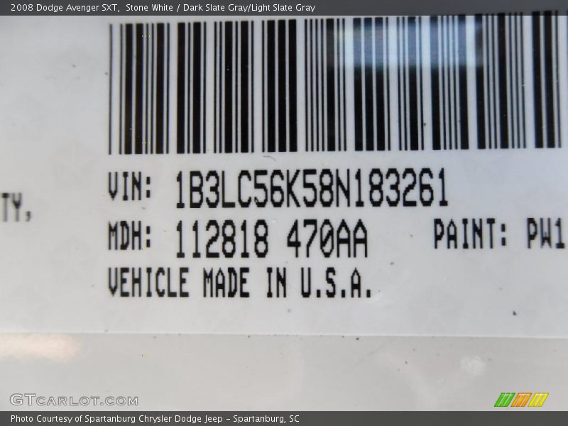 Stone White / Dark Slate Gray/Light Slate Gray 2008 Dodge Avenger SXT