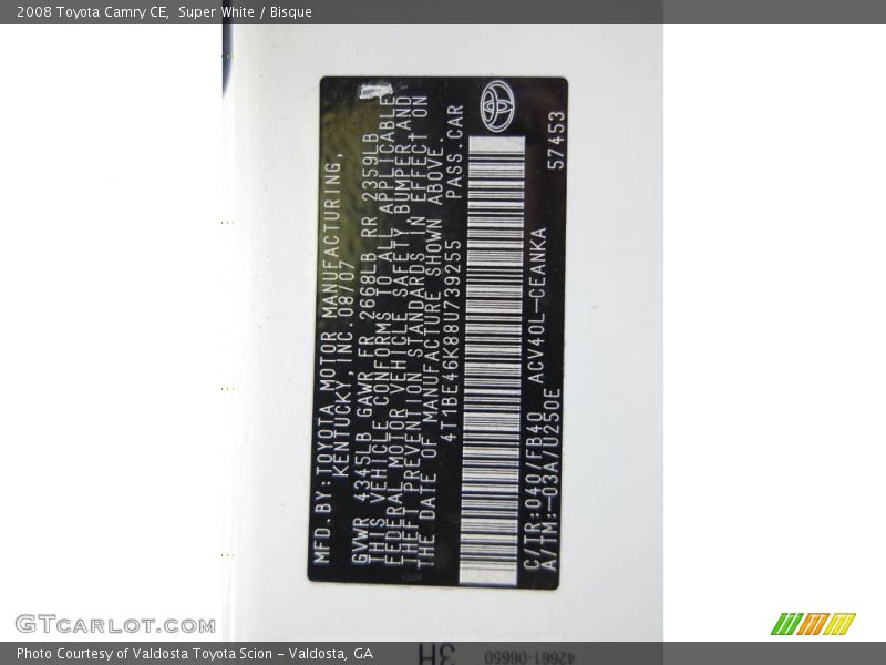 Super White / Bisque 2008 Toyota Camry CE