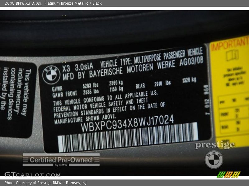 Platinum Bronze Metallic / Black 2008 BMW X3 3.0si