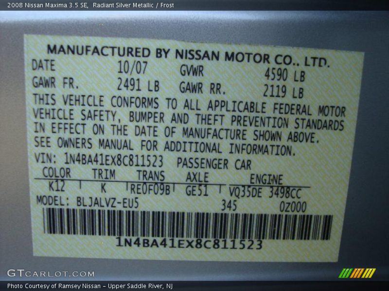 Radiant Silver Metallic / Frost 2008 Nissan Maxima 3.5 SE