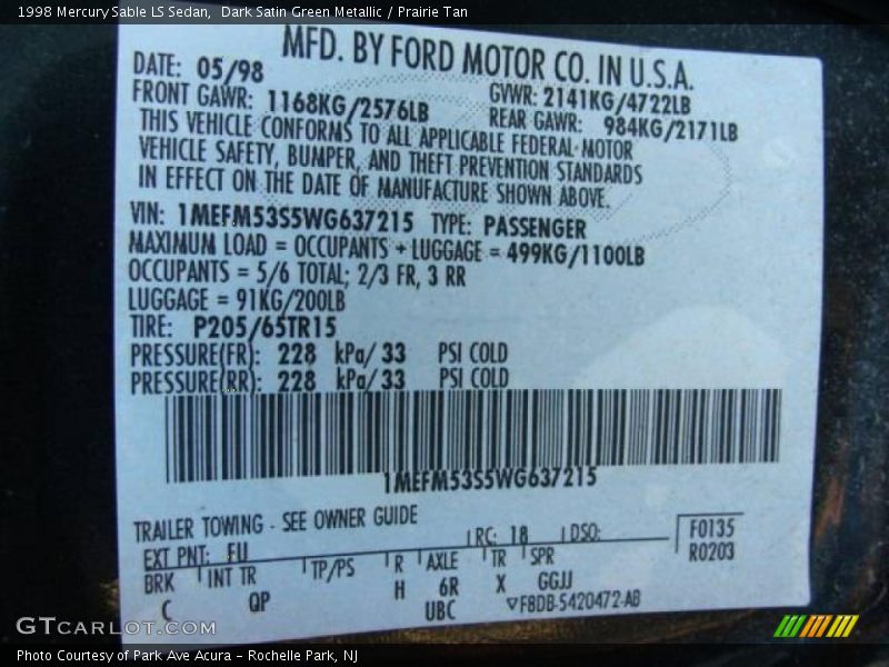 Dark Satin Green Metallic / Prairie Tan 1998 Mercury Sable LS Sedan
