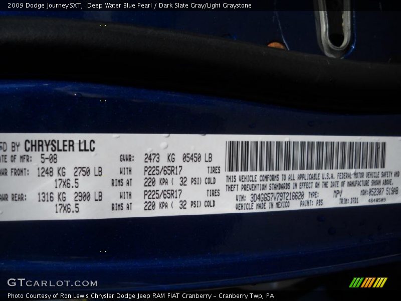 Deep Water Blue Pearl / Dark Slate Gray/Light Graystone 2009 Dodge Journey SXT