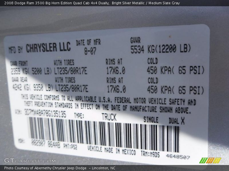 Bright Silver Metallic / Medium Slate Gray 2008 Dodge Ram 3500 Big Horn Edition Quad Cab 4x4 Dually
