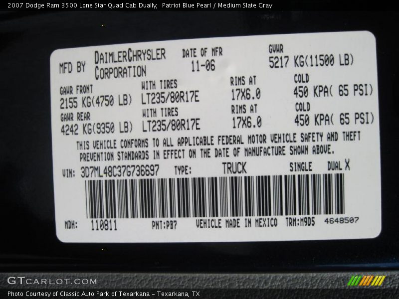 Patriot Blue Pearl / Medium Slate Gray 2007 Dodge Ram 3500 Lone Star Quad Cab Dually