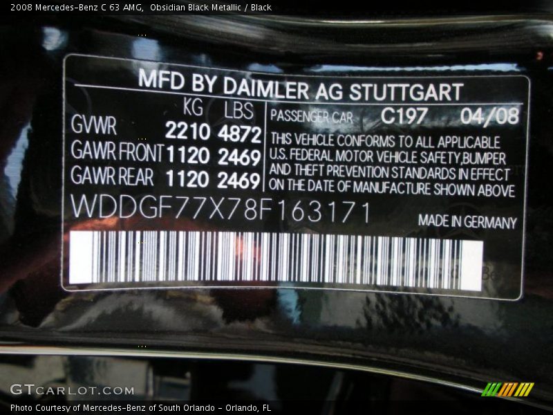 2008 C 63 AMG Obsidian Black Metallic Color Code 197