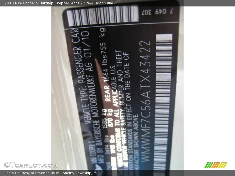 Pepper White / Grey/Carbon Black 2010 Mini Cooper S Hardtop