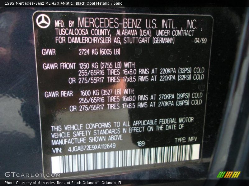 Black Opal Metallic / Sand 1999 Mercedes-Benz ML 430 4Matic