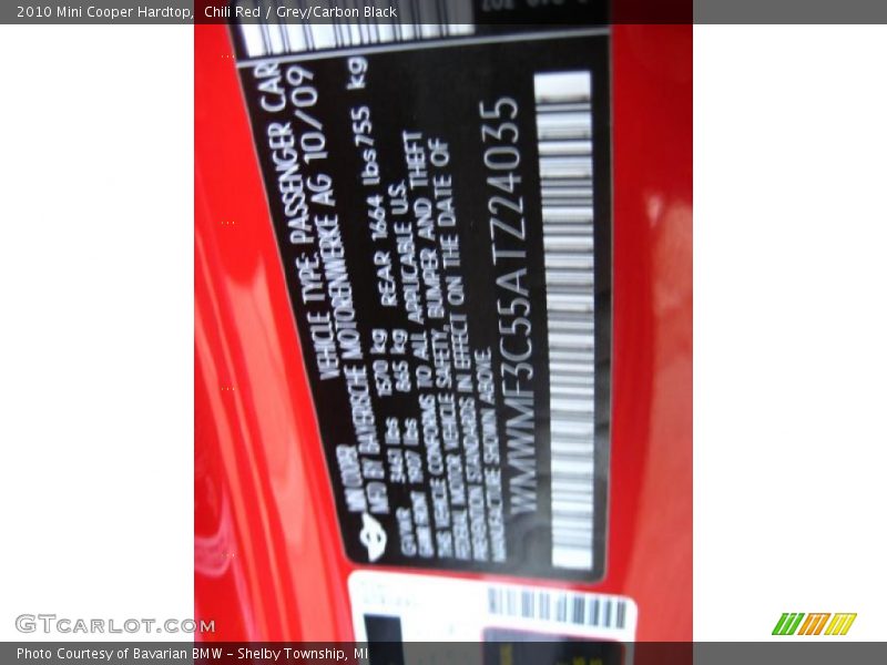 Chili Red / Grey/Carbon Black 2010 Mini Cooper Hardtop