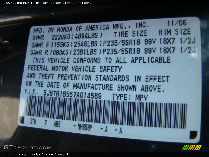 Carbon Gray Pearl / Ebony 2007 Acura RDX Technology