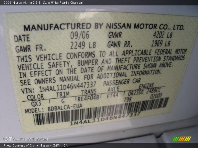 Satin White Pearl / Charcoal 2006 Nissan Altima 2.5 S