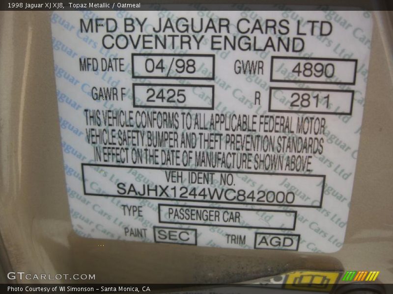 Topaz Metallic / Oatmeal 1998 Jaguar XJ XJ8