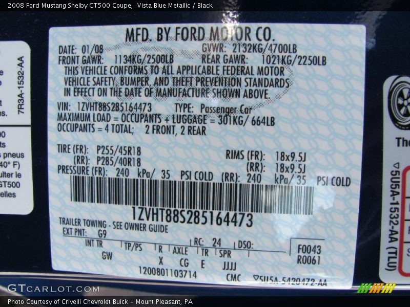 Vista Blue Metallic / Black 2008 Ford Mustang Shelby GT500 Coupe
